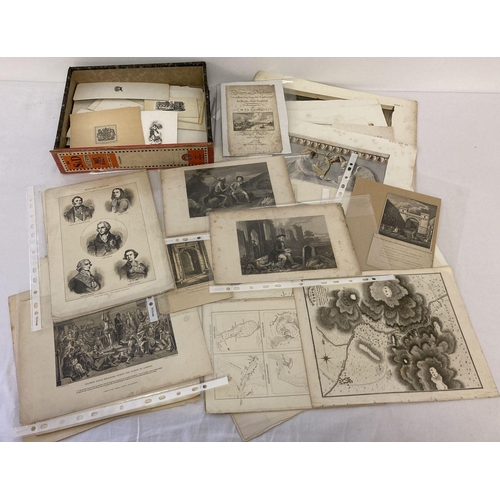 225 - A box of assorted vintage and Victorian black & white prints and etchings. Mostly plates removed fro... 