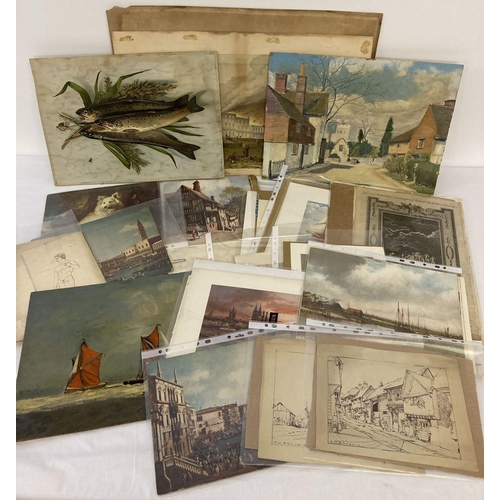 232 - A box of assorted vintage pictures and prints. To include oil paintings, coloured prints and etching... 