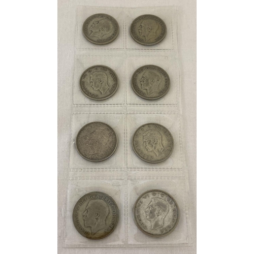 61 - 8 half silver George V and VII shilling coins. Dating from 1921-1944.