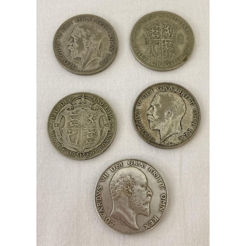 65 - 4 half silver 1920's George V half crown coins. Together with a replica 1905 Edward VII half crown c... 