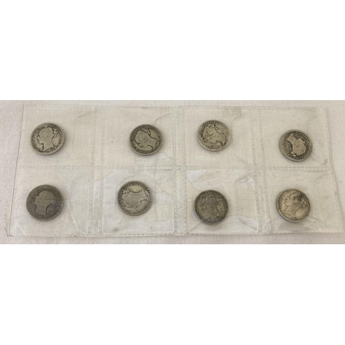 66 - 8  Victoria young head silver 3 pence coins. Varying dates and conditions.