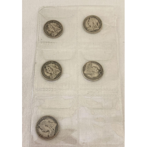 67 - 5 Victoria veiled head silver 3 pence coins in varying conditions.