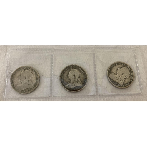 68 - 3 Victoria veiled head silver shilling coins dating 1893 and 1901. In varying conditions.