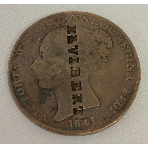 71 - Victoria States Of Jersey copper coin, dated 1841, with stamped name to both front and back. HR. Vib... 