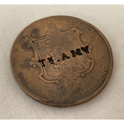 71 - Victoria States Of Jersey copper coin, dated 1841, with stamped name to both front and back. HR. Vib... 