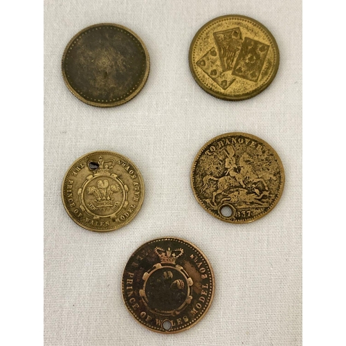 75 - 5 Victorian gaming tokens. Comprising: 2 x The Prince Of Wales Model Half Sovereign, Triple Playing ... 