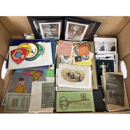 245 - A box of assorted vintage ephemera to include leaflets, postcards, car stickers & greetings cards.