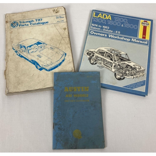 350 - 3 vintage car manuals. A Triumph TR7 parts catalogue, Lada 1974 to 1983 Haynes manual and an Austin ... 