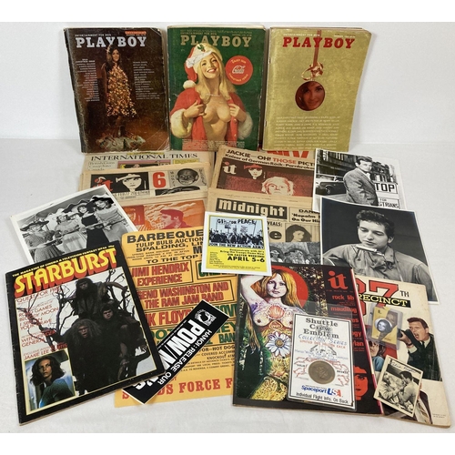 305 - A collection of mixed ephemera. To include 3 vintage issues of Playboy from 1965, 68 and 72. Lot als... 