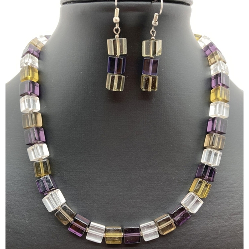 257 - A modern design square glass bead necklace and matching drop earrings. Purple, clear and olive green... 