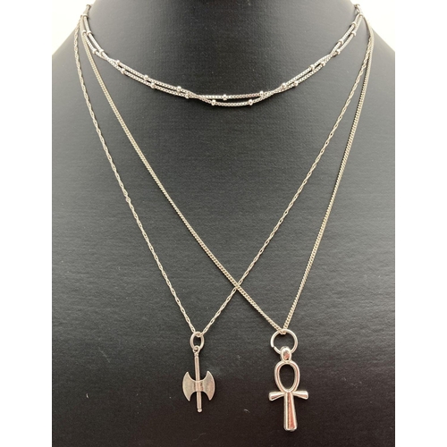 79 - 3 silver necklaces. A double row ball and chain necklace with extension chain, a fine 16