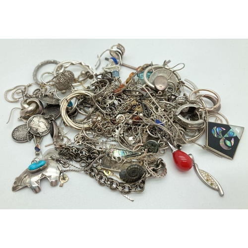 101 - A bag of scrap silver and white metal jewellery many pieces stone set. Total weight approx. 214.6g.