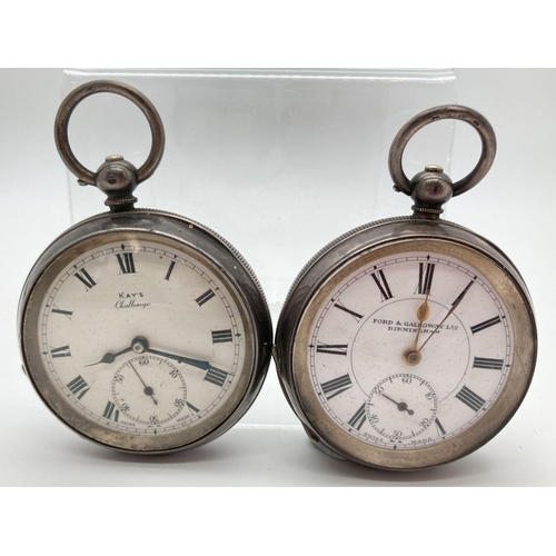 289 - 2 antique silver cased Swiss made pocket watches with enamelled faces & subsidiary seconds dials. Fo... 