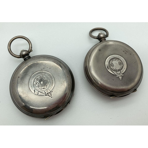 289 - 2 antique silver cased Swiss made pocket watches with enamelled faces & subsidiary seconds dials. Fo... 