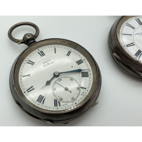 289 - 2 antique silver cased Swiss made pocket watches with enamelled faces & subsidiary seconds dials. Fo... 