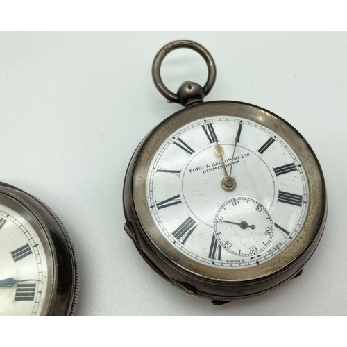 289 - 2 antique silver cased Swiss made pocket watches with enamelled faces & subsidiary seconds dials. Fo... 