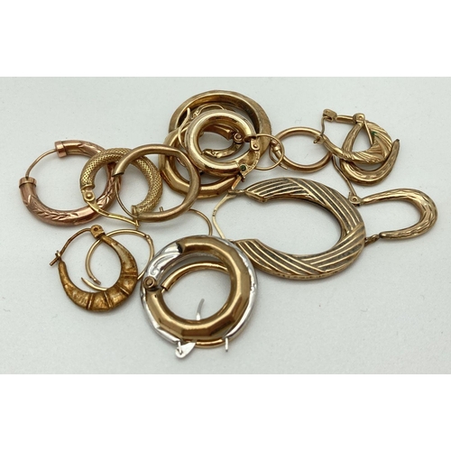 109 - A bag of scrap gold hoop earrings in varying sizes. All marked or test as 9ct.  Total weight approx ... 