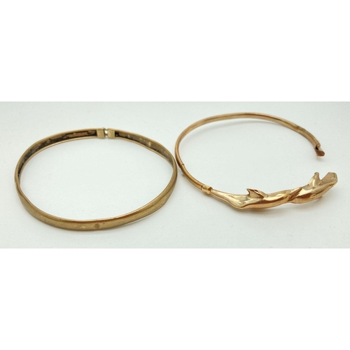 110 - 2 scrap 9ct gold bangles, one with dolphin detail. Both marked 375. Total weight approx 7.1g.