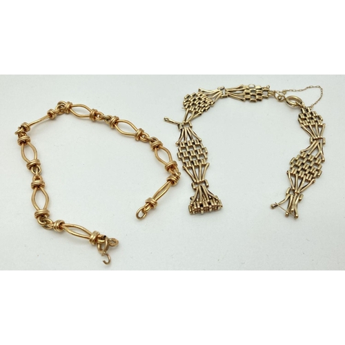 112 - 2 9ct gold decorative bracelets for scrap or repair, one with safety chain. Total weight approx 10.2... 