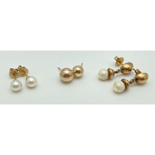 120 - A pair of pearl stud earrings together with a pair of pearl drop style earrings and two single gold ... 