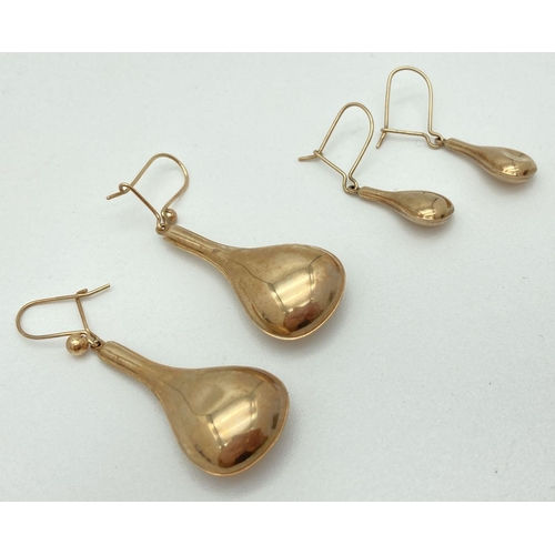 127 - 2 pairs of 9ct scrap gold teardrop earrings. Small dents to both pairs. Total weight approx 3g.