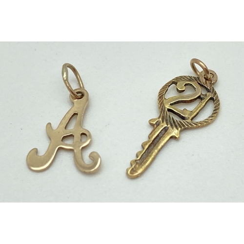 134 - 2 9ct gold charms/pendants. An Italic initial A and a 21st key. Gold marks to both. Total weight app... 