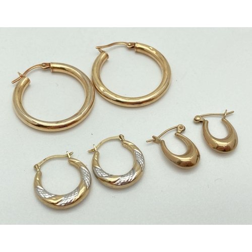 137 - 3 pairs of 9ct gold hoop style earrings. A plain pair of full hoops, a pair of decorative duo colour... 