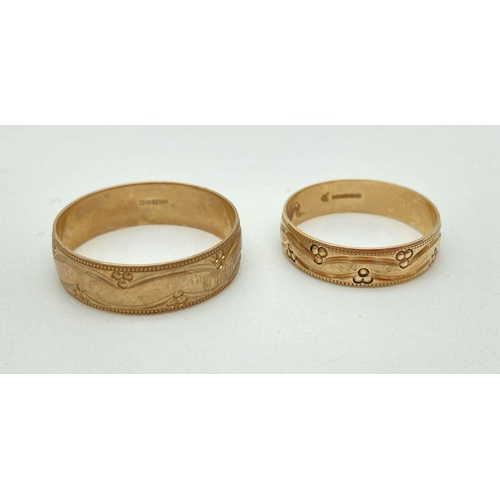 139 - A pair of matching men's and women's 9ct gold wedding bands with floral decoration. Sizes U and P. T... 