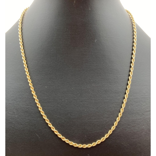 148 - A 9ct gold 18 inch rope style chain with spring clasp. Gold marks to fixings. Total weight approx 2.... 