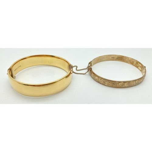 151 - 2 vintage bangles. A 1/5th 9ct rolled gold bangle with half floral engraving. Together with a sterli... 