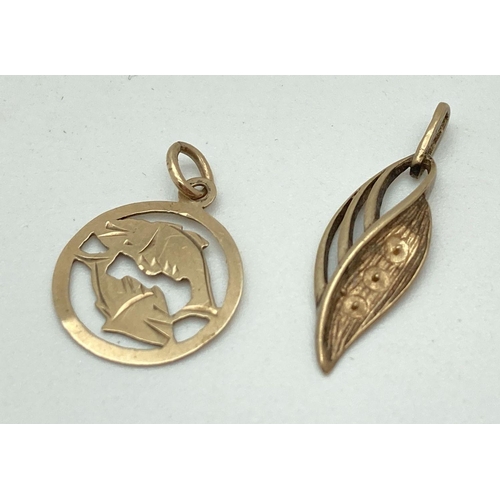 152 - 2 vintage 9ct gold charms/pendants. A leaf design with mounts for stones and a Pisces zodiac circula... 