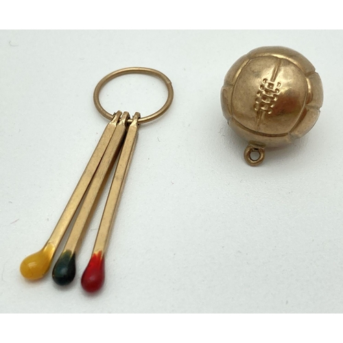 154 - 2 9ct gold charms/pendants, a round football and a set of three colour striking matches. Yellow, blu... 