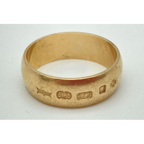 161 - A 6mm 9ct gold plain wedding band by B. Bros, London, 2000. Hallmarks to outside of band. Total weig... 