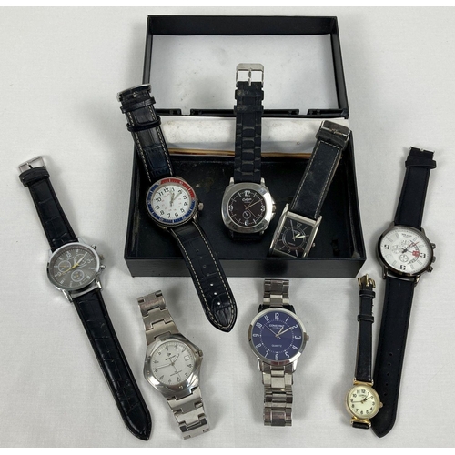 290 - A box containing 8 men's and ladies wristwatches with both stainless steel and leather straps. Mostl... 