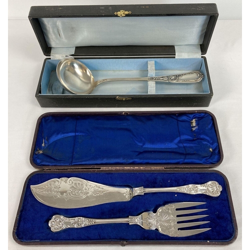 374 - A cased silver plated decorative fish serving knife and fork with Queen's pattern handles and floral... 