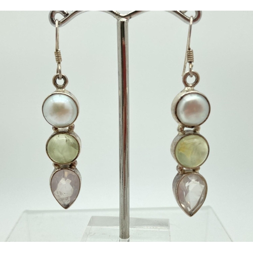 183 - A pair of modern design drop earrings set with freshwater pearls, green fluorite and rose quartz. Ba... 