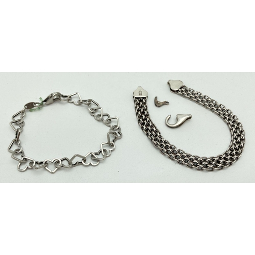 211 - 2 silver bracelets for scrap or repair, a mesh style bracelet and a heart shaped link bracelet. Tota... 