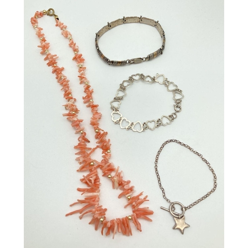 214 - 3 silver bracelets together with a coral chip necklace. Bracelets to include a heart shaped link bra... 