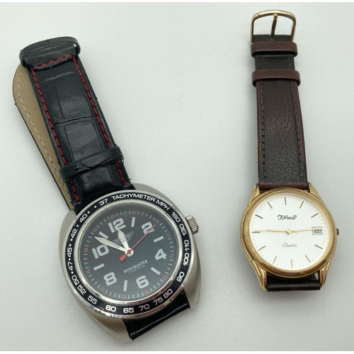 301 - 2 men's wristwatches. A Wingmaster London watch with black leather strap and luminous hands, in work... 