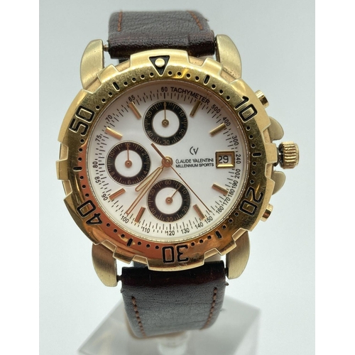 302 - A Claude Valentini Millennium chronograph style men's wristwatch. Gold tone case, brown leather stra... 