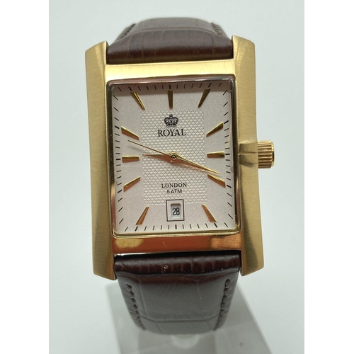 306 - A Royal London men's wristwatch with gold tone square shaped case and brown leather strap. Silver fa... 