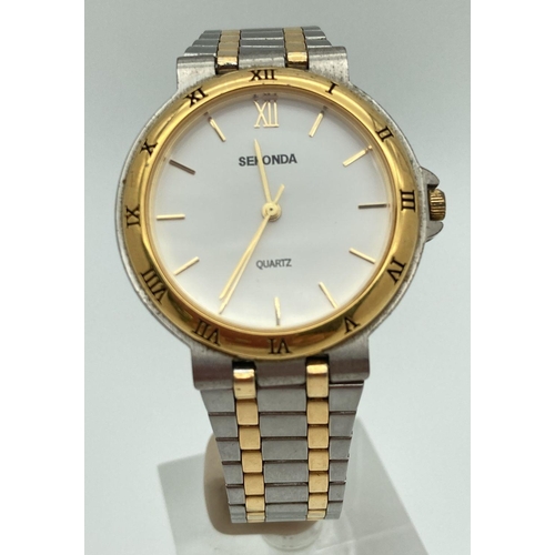 308 - A Sekonda wristwatch with two tone stainless steel strap and case. White face with gold tone hour ma... 