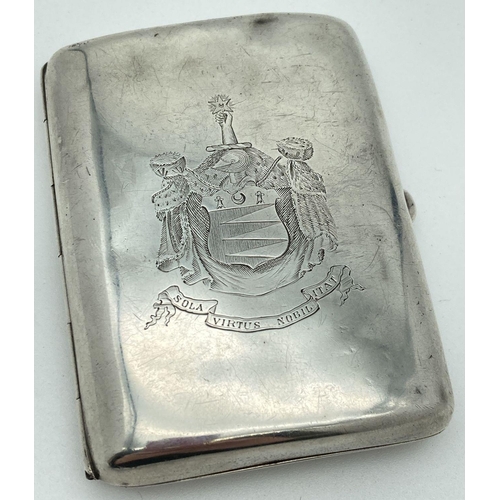 340 - An early 20th century silver cigarette case with engraved Henderson Clan crest & motto. Front of cas... 