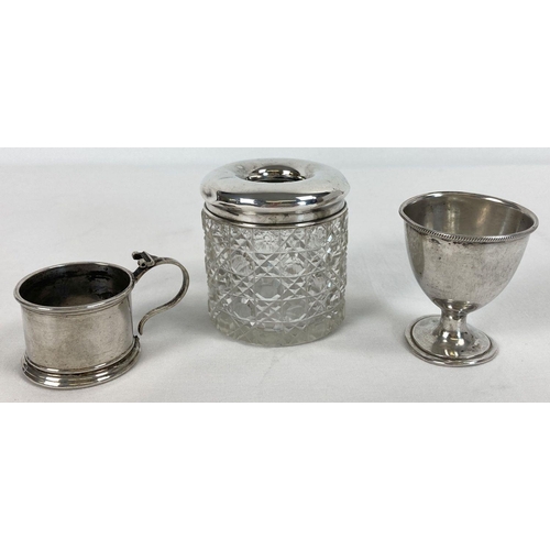 354 - 3 early 20th century silver items, all hallmarked. A silver topped cut glass dressing table pot (ver... 