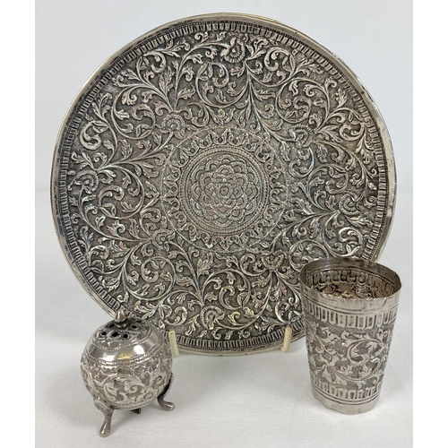 355 - 3 pieces of early 20th century decorative white metal tableware, possibly Anglo Indian silver. A sha... 