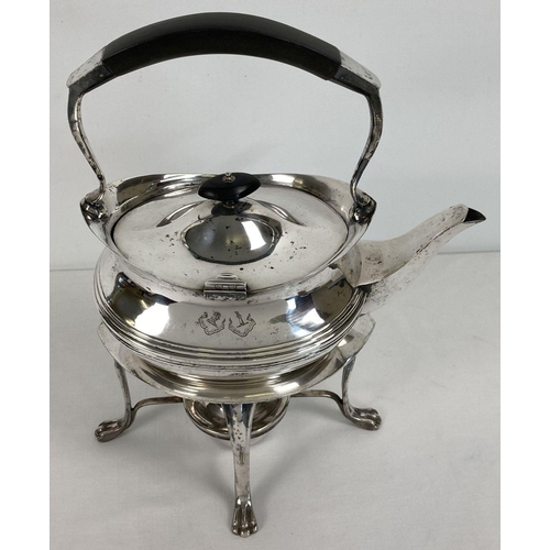 359 - A late 19th century silver plated spirit kettle and stand, with engraved detail. Wooden handled spir... 