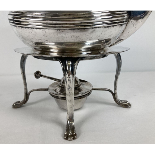 359 - A late 19th century silver plated spirit kettle and stand, with engraved detail. Wooden handled spir... 