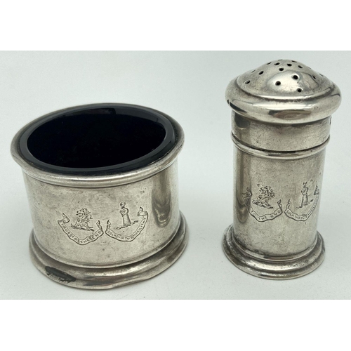 367 - An Art Deco silver cruet with engraved detail featuring the crests of Clans Home & Henderson. A pill... 