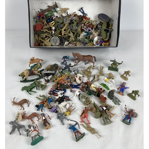 42 - A shoe box of assorted vintage plastic toy soldiers, cowboys, knights & animals. To include Lone Sta... 