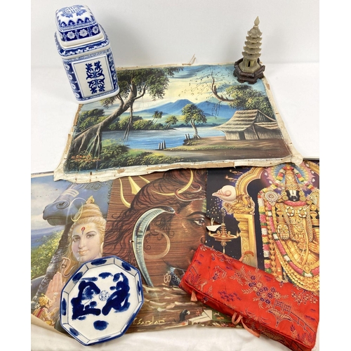 1206 - A collection of assorted vintage Oriental items to include ceramics & pictures. Lot includes: a sign... 